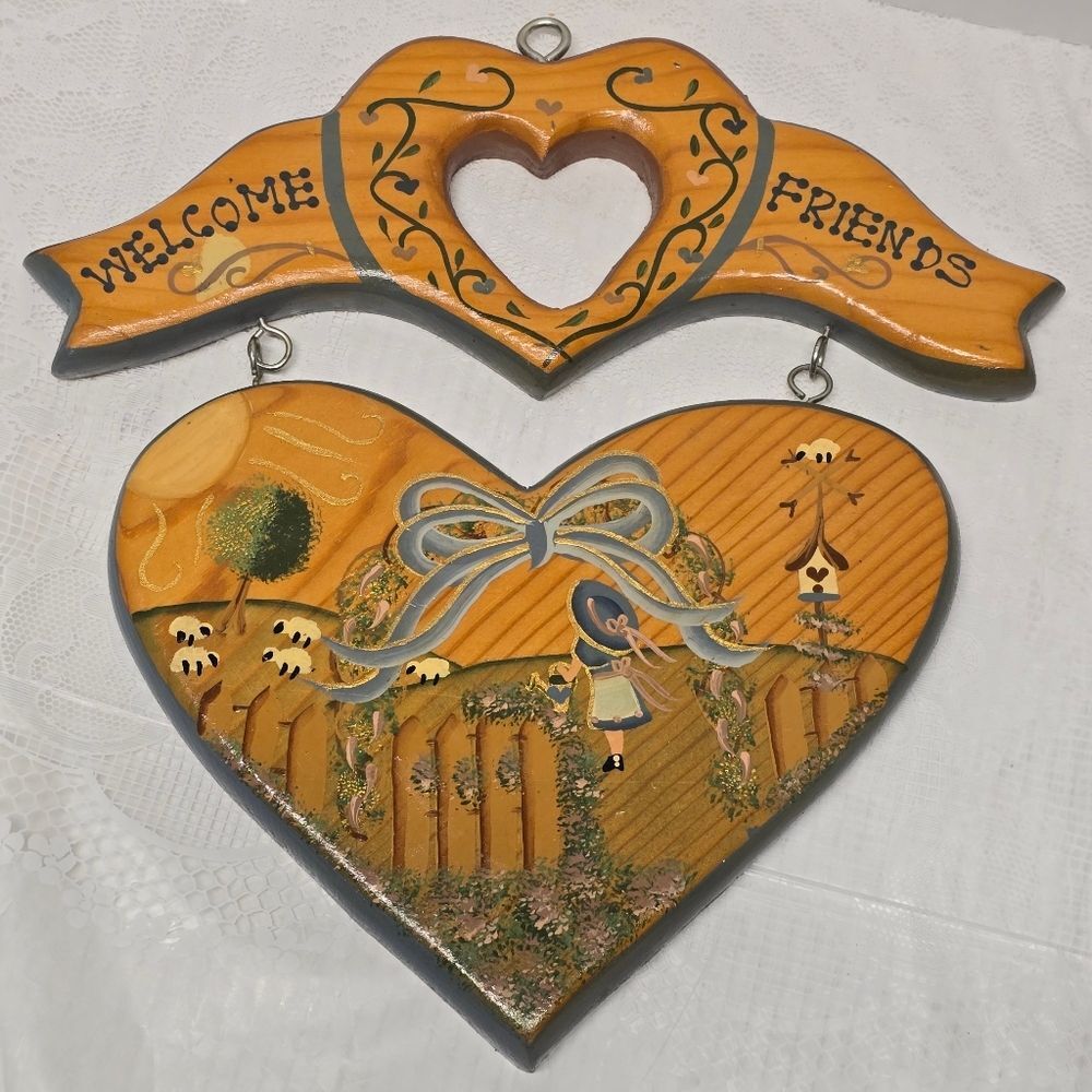 Vintage Wooden Welcome Friends Heart Shaped Wall Plaque Girl In The Farm Garden